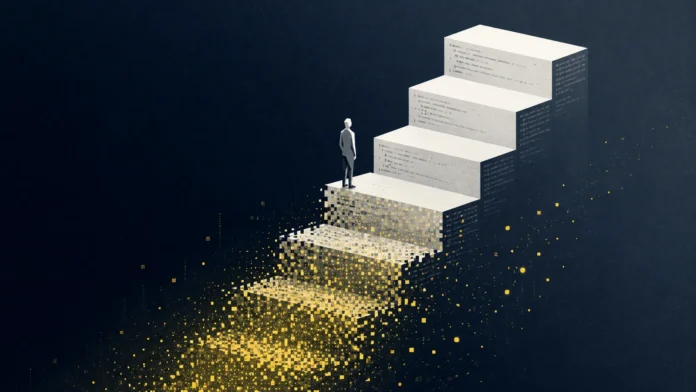 Split scene: a fast conveyor belt produces identical code blocks on the left; a faceless figure examines one block with a magnifying glass on the right.